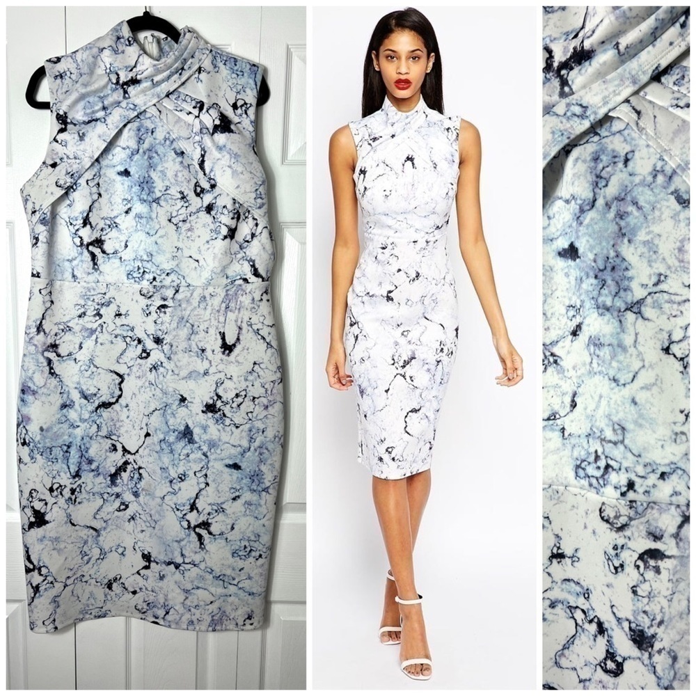 ASOS White Blue Marble Scuba High Neck Bodycon Pencil Midi Dress Size 14 XL
